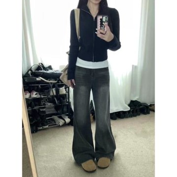 黑色拉鏈針織開衫外套女裝早秋季2025新款外搭毛衣修身打底衫上衣