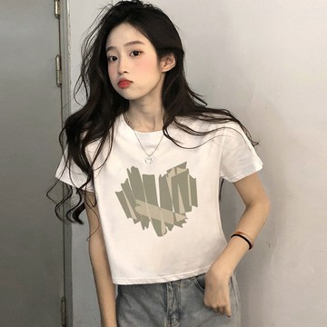 胖胖美依 短袖上衣 T恤 上衣 S-2XL白色短袖甜辣短款t恤夏季修身顯瘦印花百搭上衣-7649.