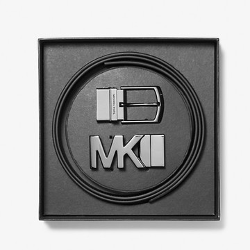 MICHAEL KORS 經典滿版老花雙頭皮帶禮盒組 腰帶 深咖啡色PVC塗層帆布/黑色皮革 M60879 MK(現貨)▶指定Outlet商品5折起☆現貨【送禮首選★APP下單點數4倍送】