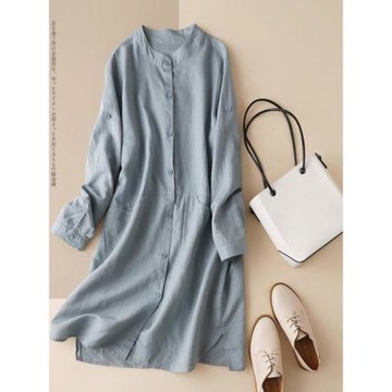 立領亞麻襯衫中長款春秋季大碼長袖T恤胖妹妹襯衣上衣女棉麻女裝