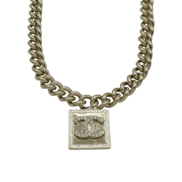 【二手名牌BRAND OFF】CHANEL 香奈兒 金色鍍金 雙C水鑽方牌 項鍊