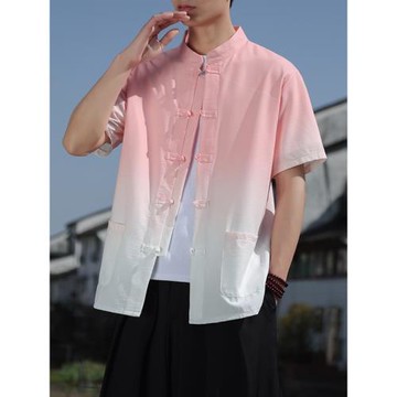 新中式夏季2025新款男款中國風復古盤扣純色漸變唐裝薄款短袖襯衫