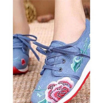老北京布鞋女民族風休閑復古繡花鞋系帶平底鞋中國風旅游鞋女單鞋