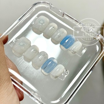 【會員兌換商品專屬鏈接】冷水藍蝴蝶結 純手工穿戴甲 M碼 短方 附穿戴工具包