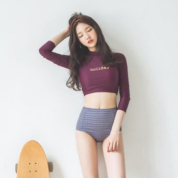 溫泉泳衣韓國保守防曬長袖高腰游泳衣女分體三角顯瘦遮肚運動泳裝