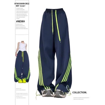 大碼美式復古設計感三條杠衛褲女早春街頭風運動寬松百搭休閑長褲