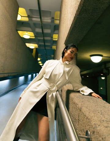 Topshop 80s faux leather long-line trench coat in white-Brown