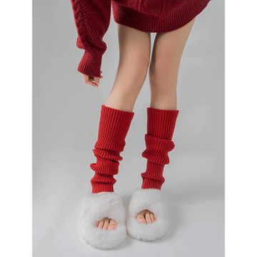 許甜茶新年紅襪子女長筒針織襪套秋冬保暖腿套雪地靴小腿堆疊長襪