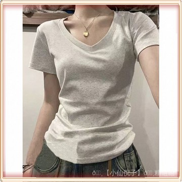🔥壹灣出貨🔥 純棉正肩T恤女v領修身收腰顯瘦美式辣妹上衣女夏季設計感小衆短袖 全館免運