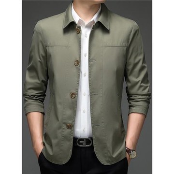 春秋商務男士翻領中老年夾克寬松男裝純棉茄克短款風衣爸爸裝外套