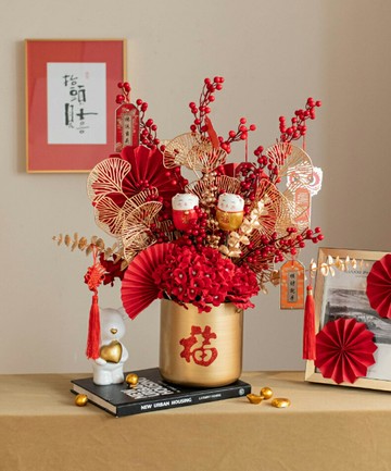 【新年限定】發財果金銀杏新年裝飾插花福桶 人造花新年福桶