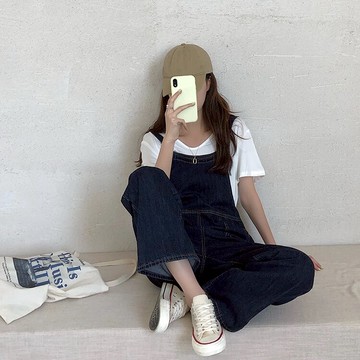 牛仔背帶褲女寬松直筒連體褲2021新款春季秋減齡闊腿長褲子潮ins