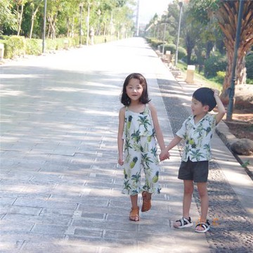 2024夏季 度假旅拍套裝菠蘿連體褲家庭裝親子裝一家四口裝 兄妹裝