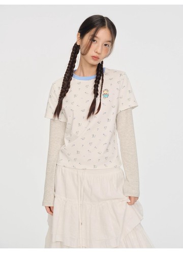 odd maker親膚柔軟撞色繡花顯瘦假兩件長袖T恤女寬松休閒打底上衣