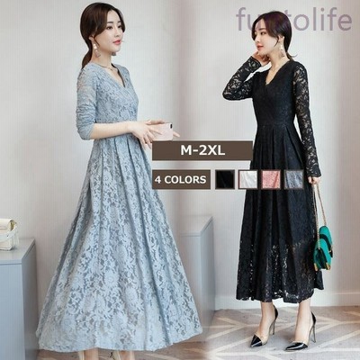 ワンピースレディースパーティードレス総レースマキシワンピース50代長袖大きいサイズドレスvネックフォーマルワンピースビジネス無地結婚式卒業式二次会 通販 Lineポイント最大get Lineショッピング