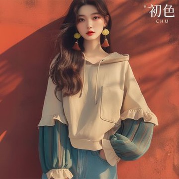 初色 拼接條紋長袖連帽T恤上衣女上衣-米色-38118(M-3XL可選)