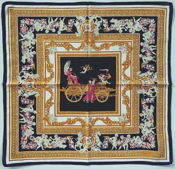 Celine 古董手帕 眾神之戰車與愛神小童 21 x 20.5 英吋