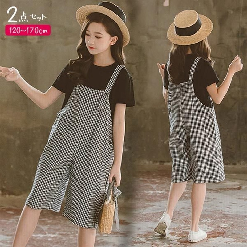 女の子 夏服 セットアップ 半袖 半ズボン オーバーオール サロペット トップス ボトムス セット 小学生 中学生 女子 重ね着 セット服 涼しい 快適 ラフ チェック 通販 Lineポイント最大get Lineショッピング