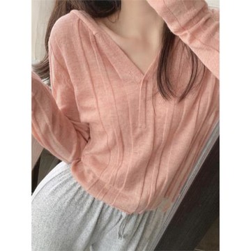 秋冬2025新款小衫粉色連帽針織衫打底帽衫女獨特上衣超好看薄短款