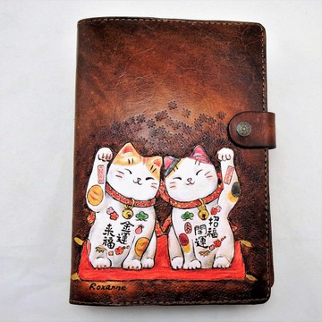 招財貓手作植鞣皮革A5、B6六孔活頁筆記本筆記手帳