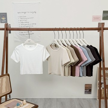 【Fee現貨10色】正韓圓領短上衣🔥女上衣 圓領T恤 棉T 顯瘦 彈力 素T 休閒 基礎款 爆款款 GAT 韓國 羊絨