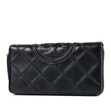 TORY BURCH 專櫃款 FLEMING 絎縫格紋壓花雙T拉鍊長夾-黑色