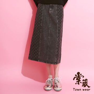 【TOWNWEAR棠葳】純棉方格丹寧中長裙(中大尺碼/女下身/女下著/棉質/開衩/實腰/口袋/休閒/裙子/套裝)