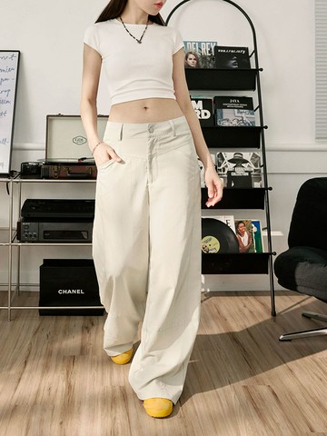 休閒素色車線口袋寬褲