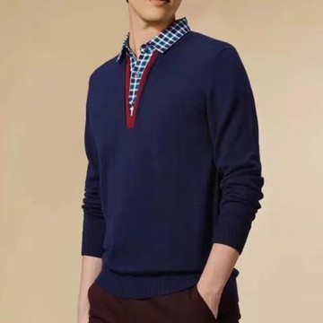 一線原單剪標尾單針織衫男假兩件青年襯衫領套頭毛衫毛衣時尚休閑