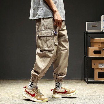 工裝褲男束腳秋季日系復古褲子潮牌寬松休閑褲多口袋機能風傘兵褲