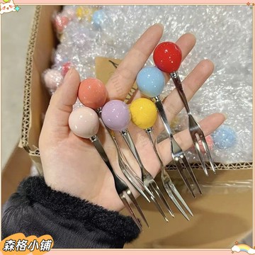 森格✨新品特惠 ins圓球不銹鋼水果叉創意多巴胺高顔值可愛水果簽點心叉甜品叉子