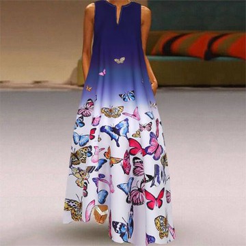 歐美風速賣通夏季新品漸變蝴蝶印花時尚寬松無袖連衣裙長裙 S-5XL