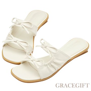 【Grace Gift】韓系度假抓皺雙帶蝴蝶結低跟拖鞋 米白