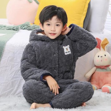 冬季兒童睡衣法蘭絨女童三層夾棉加絨加厚珊瑚絨中大童男孩家居服