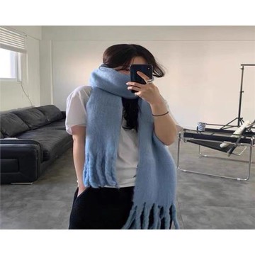 韓國ins2023秋冬季天藍色純色圍巾馬海毛松軟保暖加厚拉毛圍脖