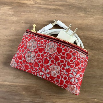 【肉球與櫻花】榻榻米襯邊 扁平零錢包 小收納包 卡片夾 日式 紅 銀 腳印 狗 貓