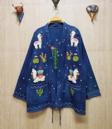 手工刺繡開衫、棉、羊駝毛、仙人掌