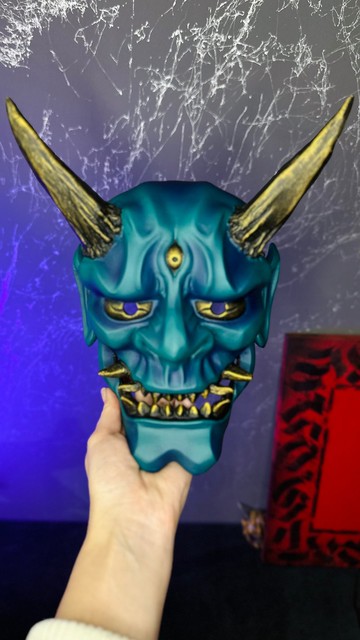 日本鬼面具：金色與藍綠、穿戴式日本般若面具、武士面具