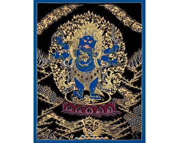 手繪六臂大黑天唐卡  守護神