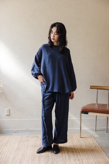 清邁棉鬚鬚設計口袋寬褲_深藍