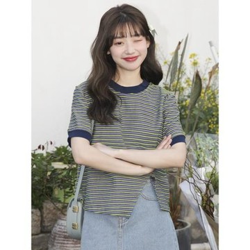 韓版不規則開叉設計感短袖T恤女春秋新款休閑百搭條紋短款薄上衣