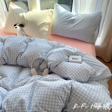藍格紋混搭水洗棉床組 水洗棉四件套 水洗棉床組 雙人床 單人床 寢具 床包 床單