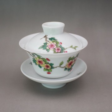 慎德堂粉彩海棠花卉蓋杯蓋碗三才杯景德鎮茶具古玩古董仿古陶瓷器