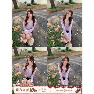 織物豬 紫藤之戀 蕾絲花邊假兩件上衣女秋季紫色長袖針織打底衫