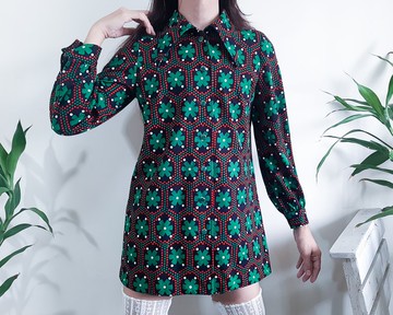 復古 1960 年代迪斯科襯衫連身裙花卉圓點現代連身裙紐帶前裙