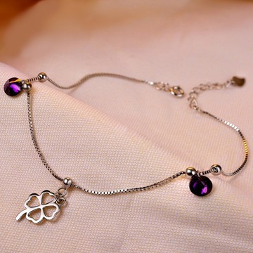 現貨+預購 925純銀腳鍊鋯石腳鏈-拋光鏤空四葉幸運草女飾品73zf14【獨家進口】【米蘭精品】