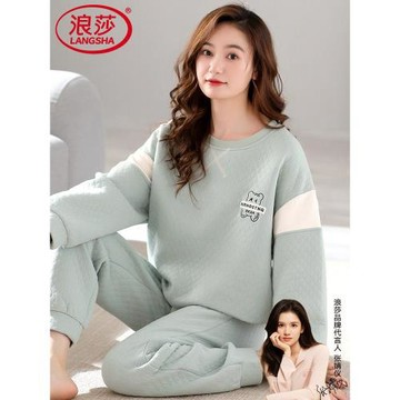 浪莎睡衣女秋冬季加厚純棉夾層全棉薄款夾棉保暖空氣棉家居服套裝