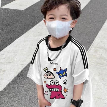 臺灣-出貨🔥重磅純棉中大童三條槓短袖 T 恤 夏季蠟筆小新印花男女童上衣 短袖 T 恤 蠟筆小新 印花