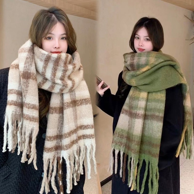 チェック柄 ボリュームフリンジマフラー 韓国ファッション 軽い防寒マフラー 冷え対策 大判 春 秋 冬 用 冷房対策 人気 ファッション 小顔効果  LINEショッピング