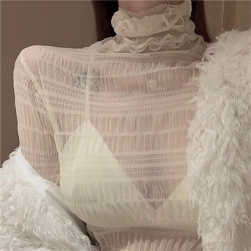 堆堆領網紗蕾絲黑色內搭仙女打底衫春季新款超仙雪紡洋氣上衣